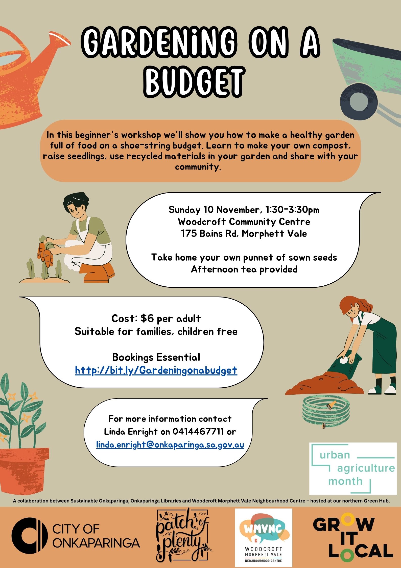 Gardening on a Budget workshop details and contact information.