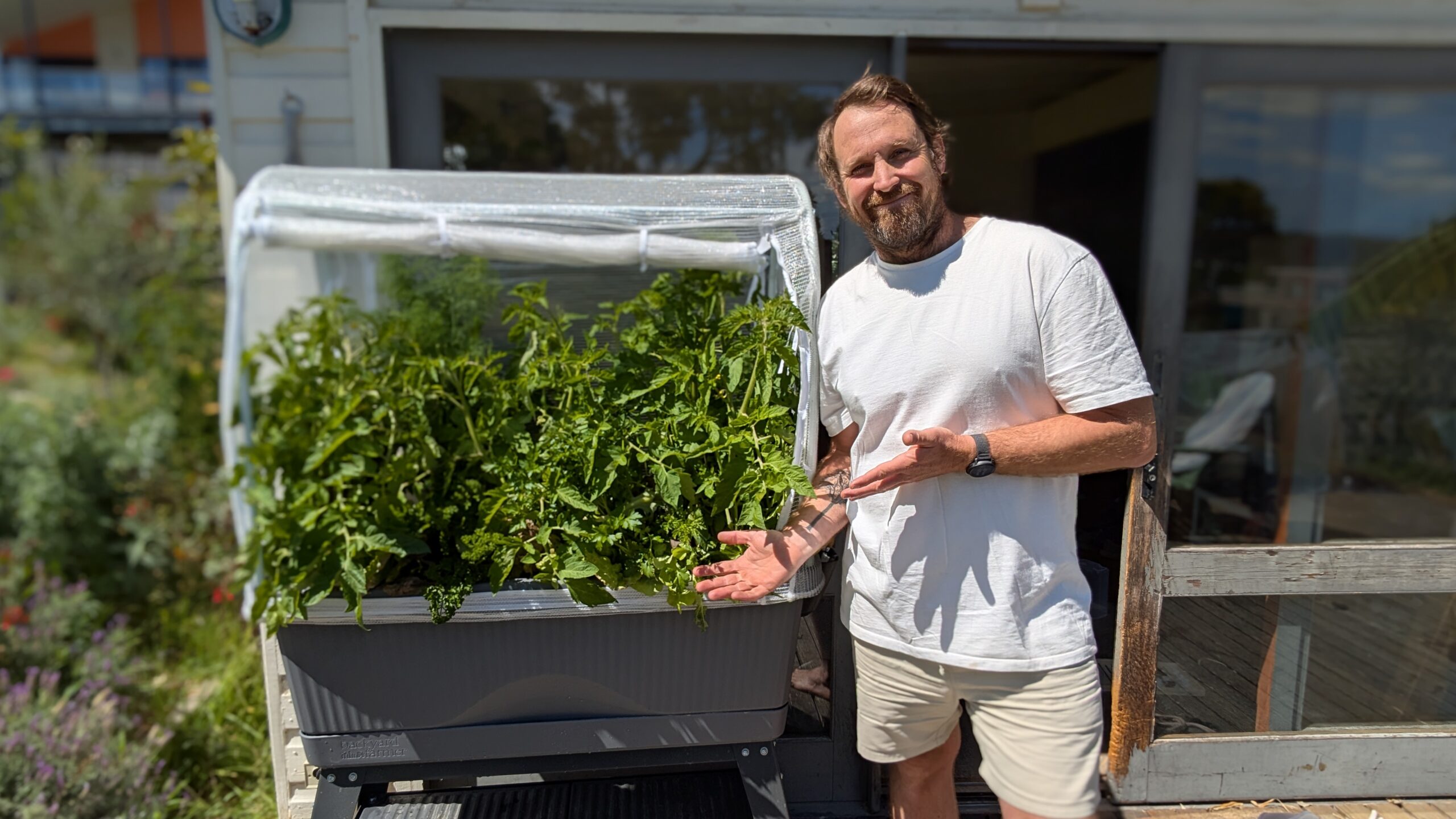 Man showcasing homegrown leafy plants outdoor.