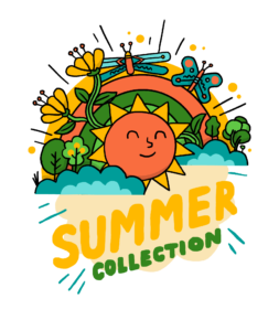 Colourful summer collection design with sun and flowers.