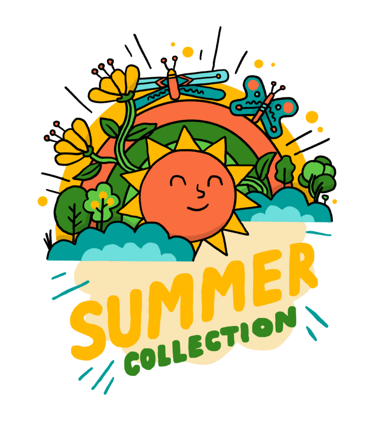 Colourful summer collection design with sun and flowers.