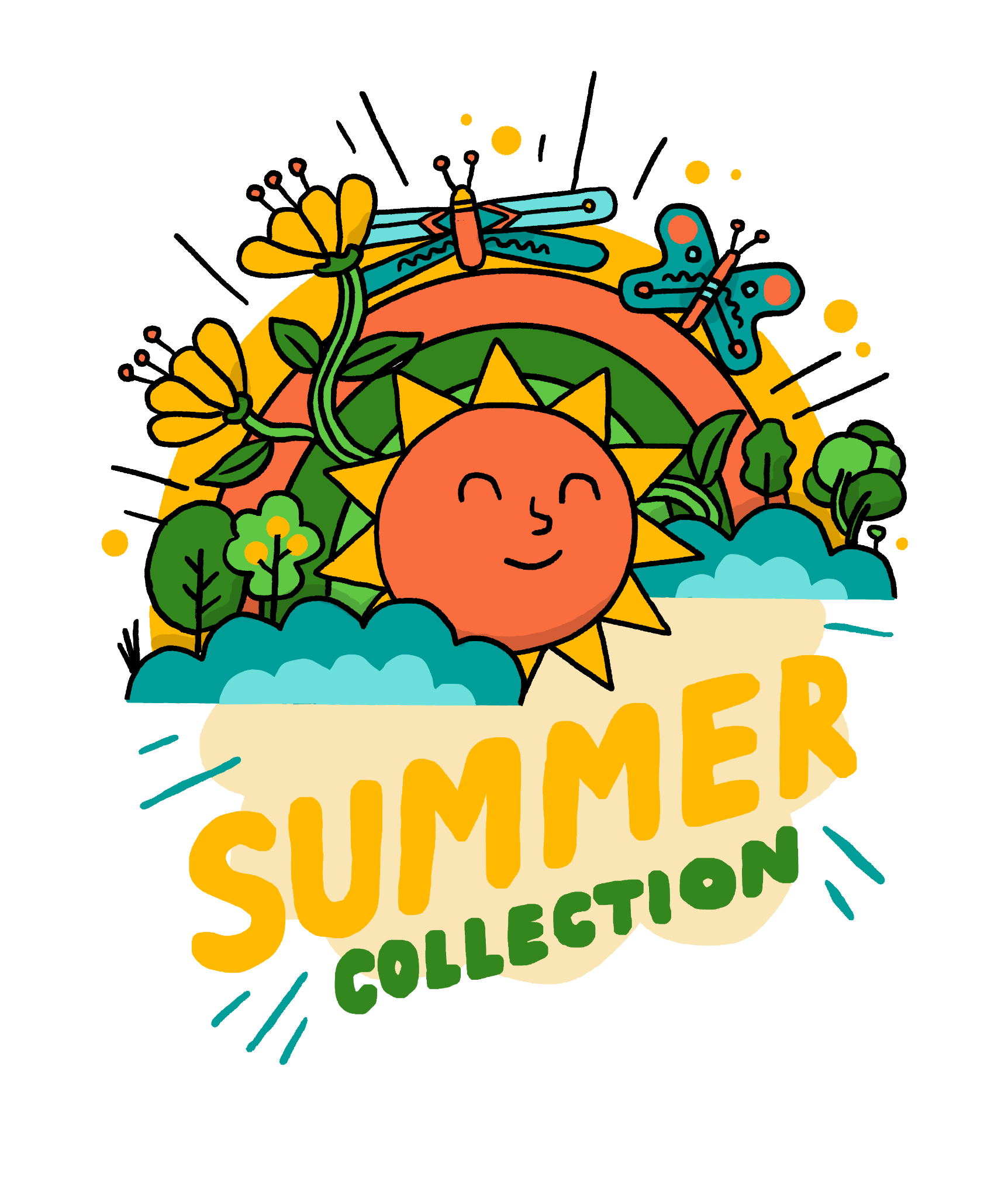 Colourful summer collection design with sun and flowers.