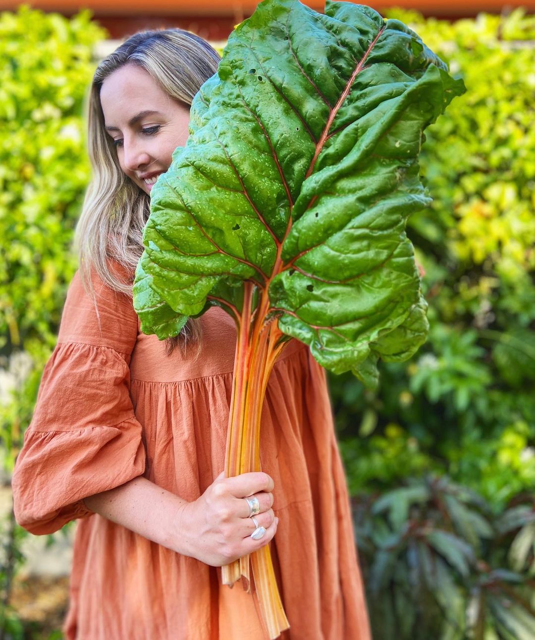 Woman holding large green leafy vegetable.