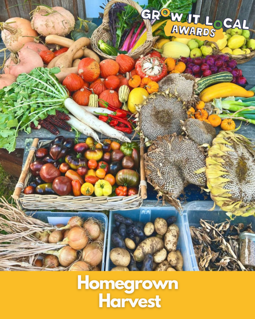 Variety of homegrown vegetables and fruits displayed.