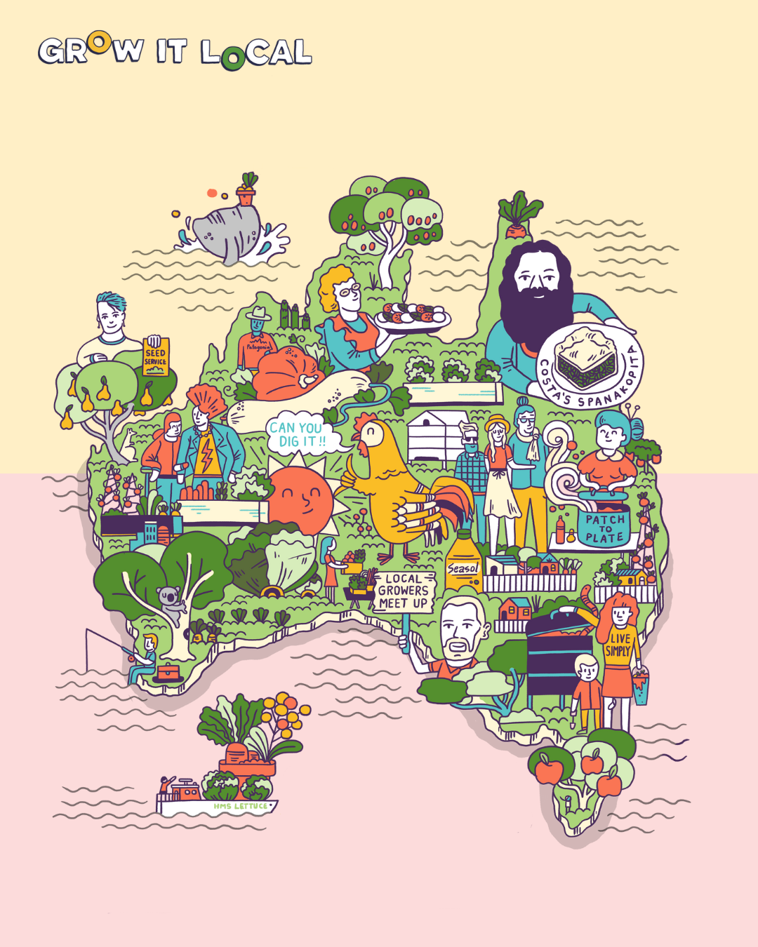 Illustrated map of Australia with local produce themes.