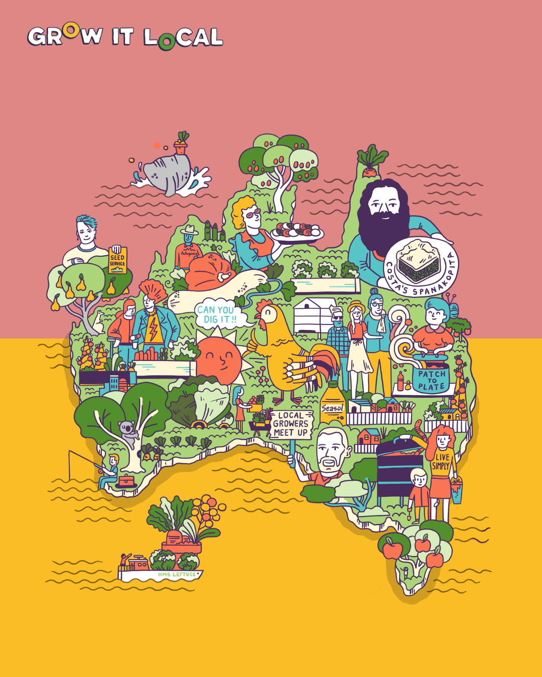 Illustrated map promoting Australian local farming.