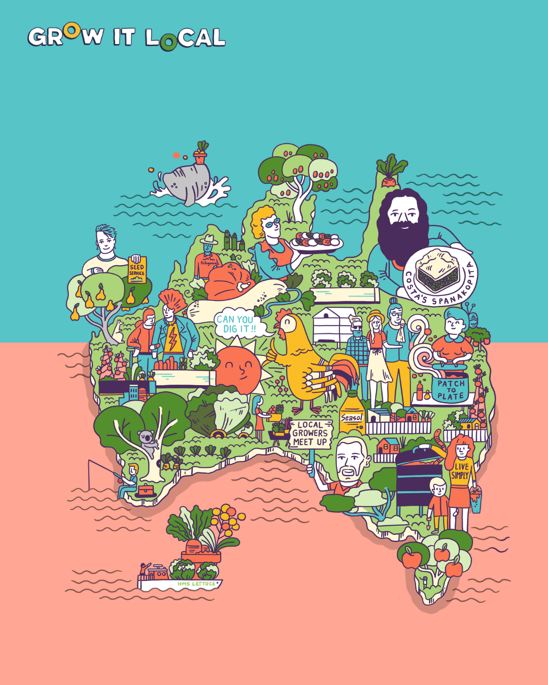 Illustrated map of Australia promoting local gardening.