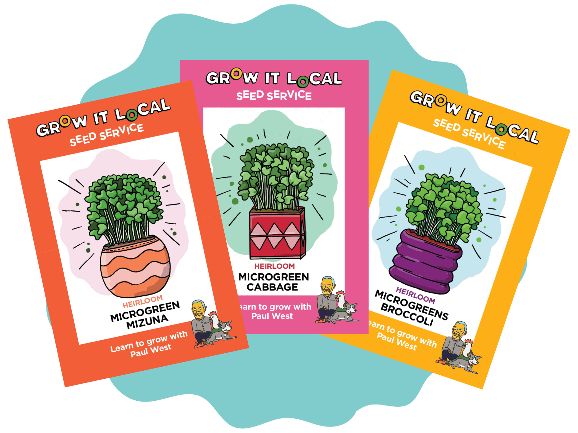 Grow It Local microgreen seed packets illustration.