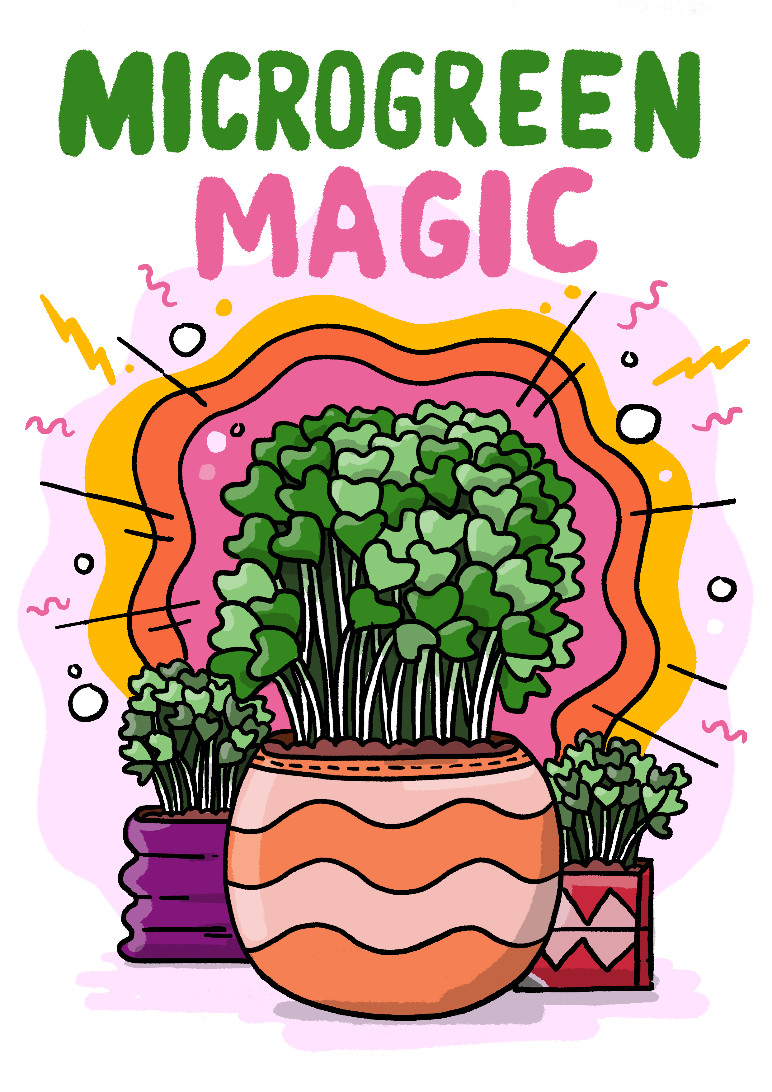 Illustration of potted microgreens with vibrant background.