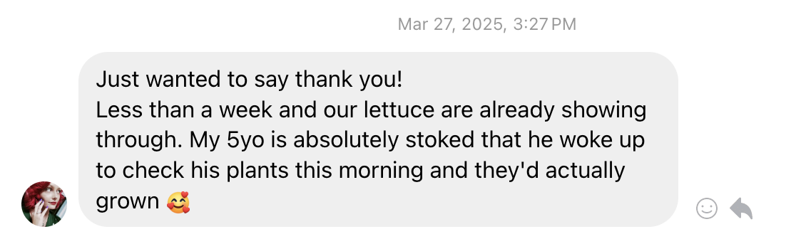 Excited child's message about growing lettuce plants.