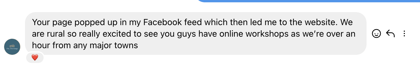 Facebook feedback praising online workshops for rural users.