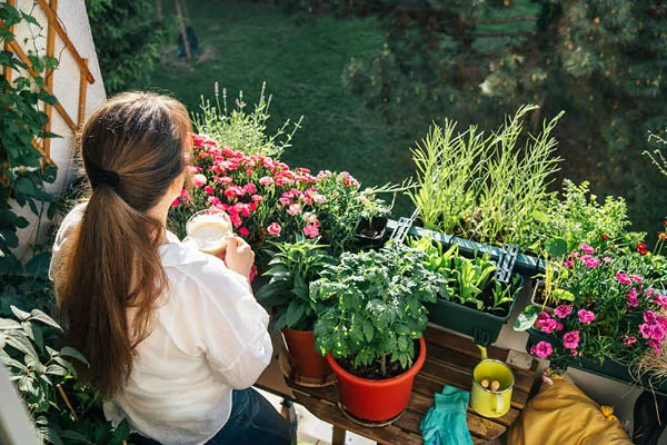 Woman enjoys coffee on flower-filled balcony