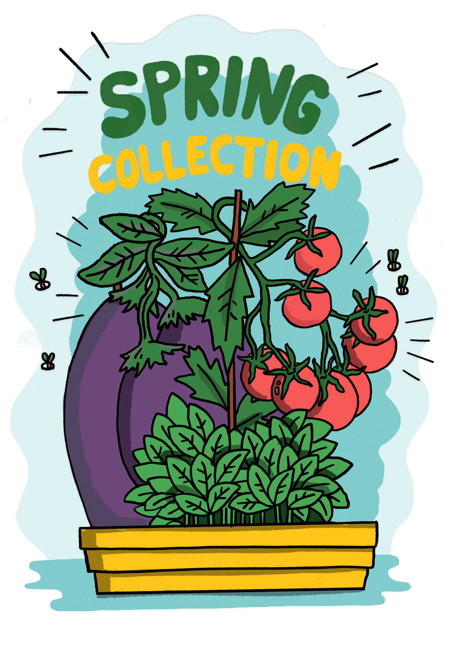Spring collection poster with tomato plant drawing.