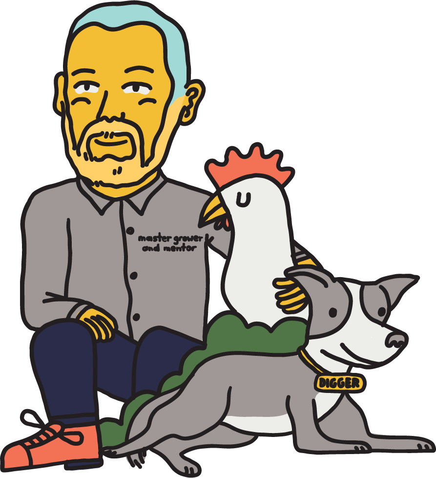 Cartoon man, dog, and chicken together.