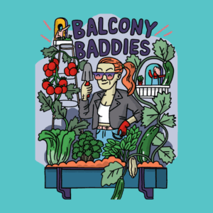 Woman gardening with balcony plants and vegetables.