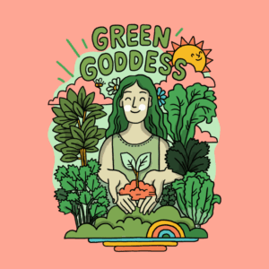 Illustration of green goddess with vibrant plants