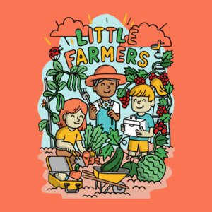 Kids gardening under Little Farmers sign.