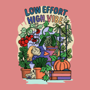 Person enjoying a vibrant garden with low effort.