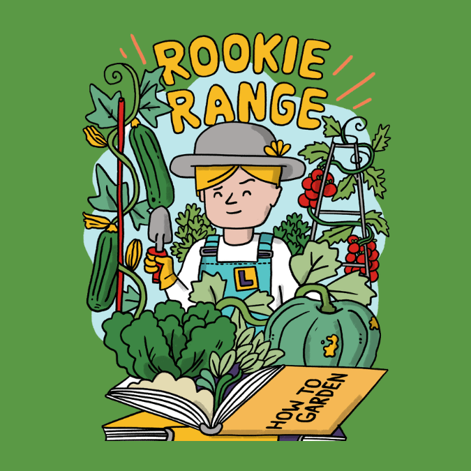 Rookie gardener with vegetables and gardening book