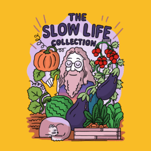Cartoon of gardener with Slow Life Collection produce.