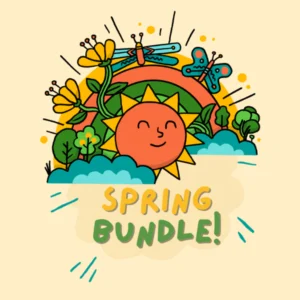 Colourful spring illustration with flowers and sun.