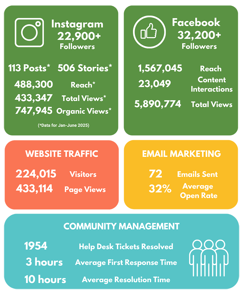 Social media and website traffic statistics infographic.