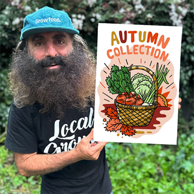 Man holding basket illustration for autumn produce collection.