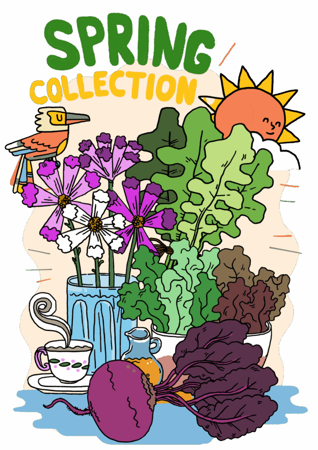 Colourful spring vegetables and flowers illustration