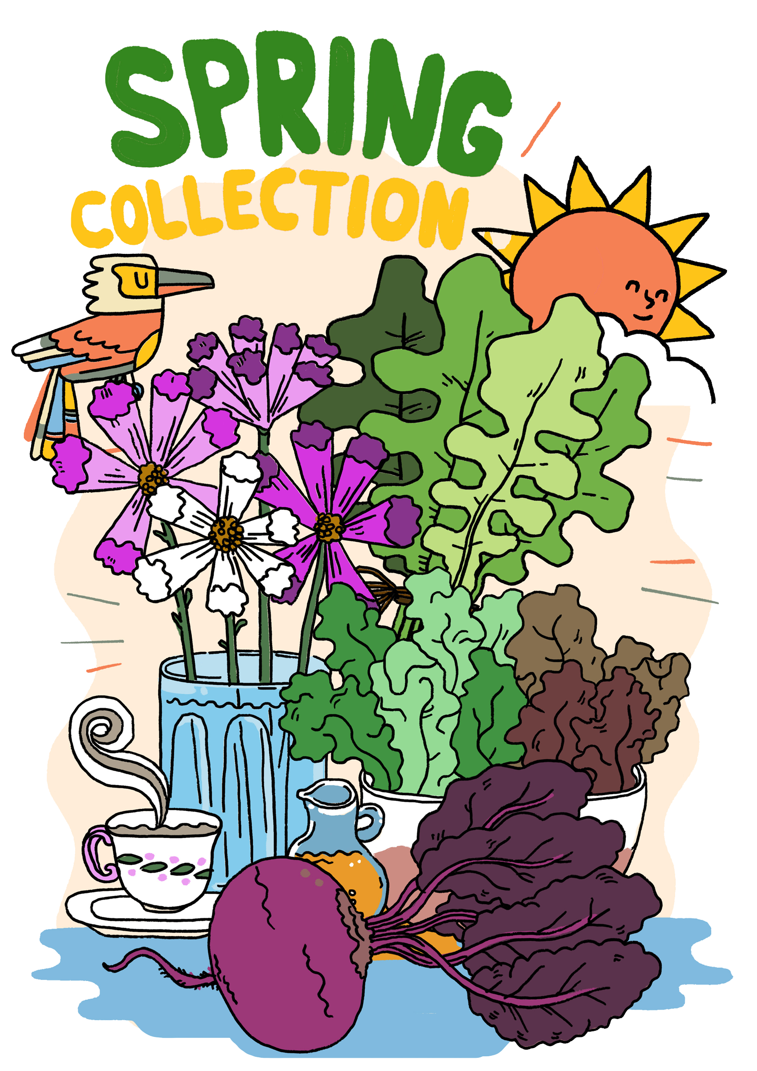 Colourful spring vegetables and flowers illustration