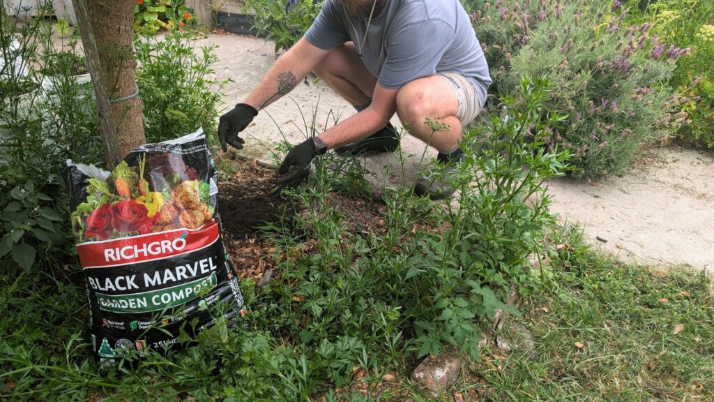 Man gardening with Richgro Black Marvel compost bag.