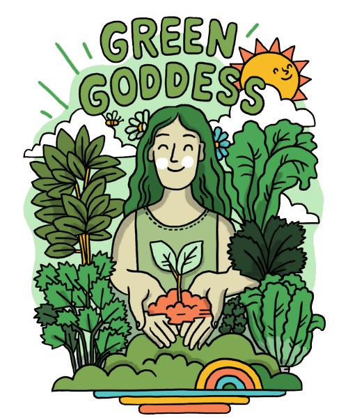 Illustration of green goddess with plants and sunshine.