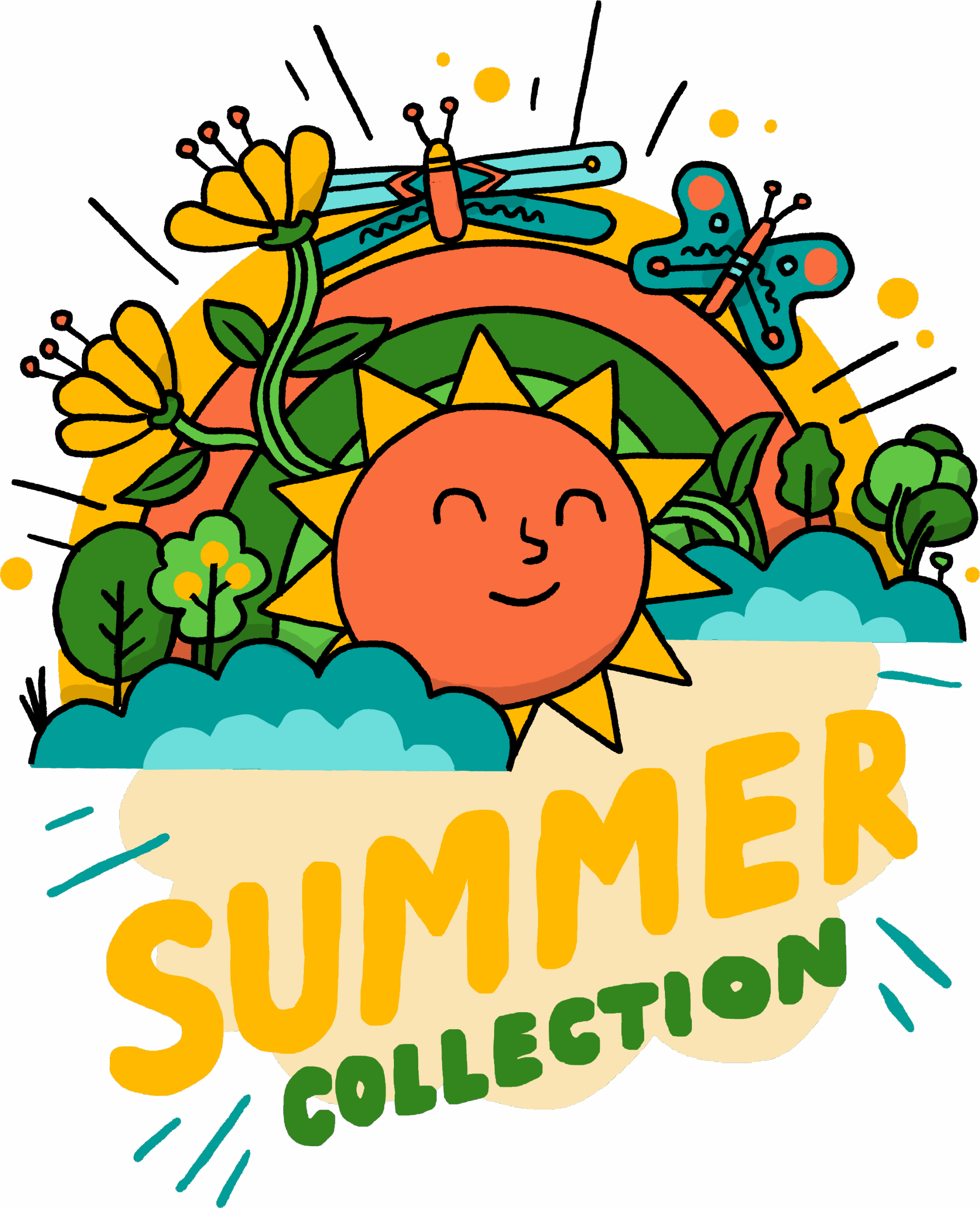 Sun and flowers summer collection illustration, colourful design.