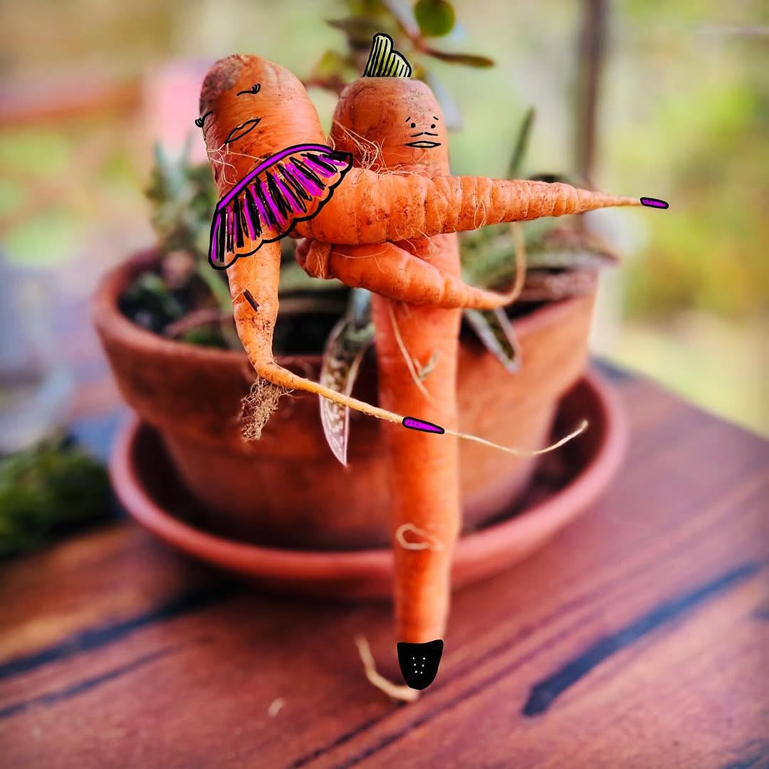 Two dancing carrots with drawn faces in pot.
