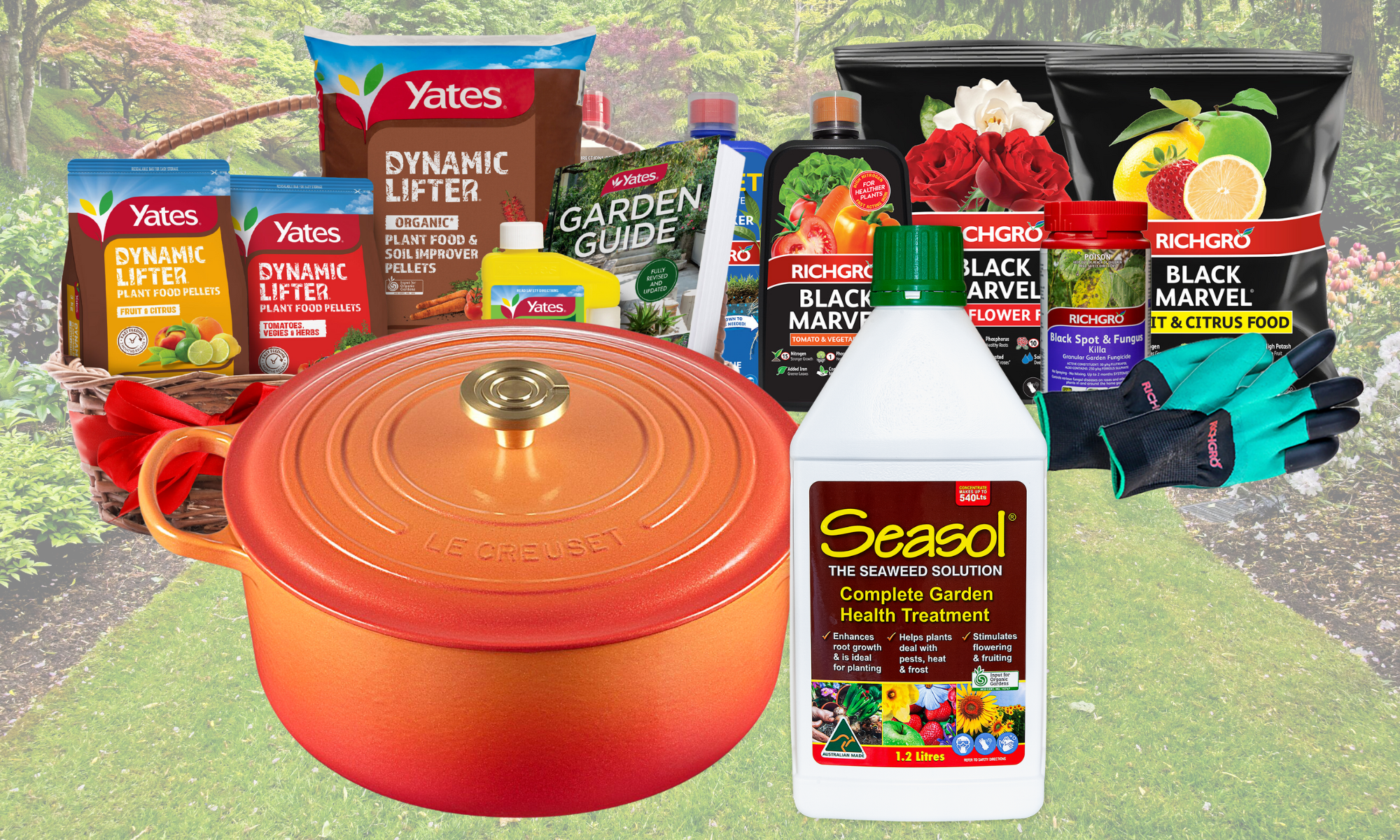 Gardening products assortment in a lush garden background.