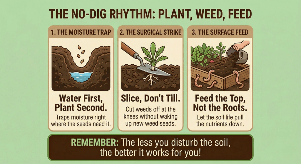 No-dig gardening: moisture, slice, feed surface.