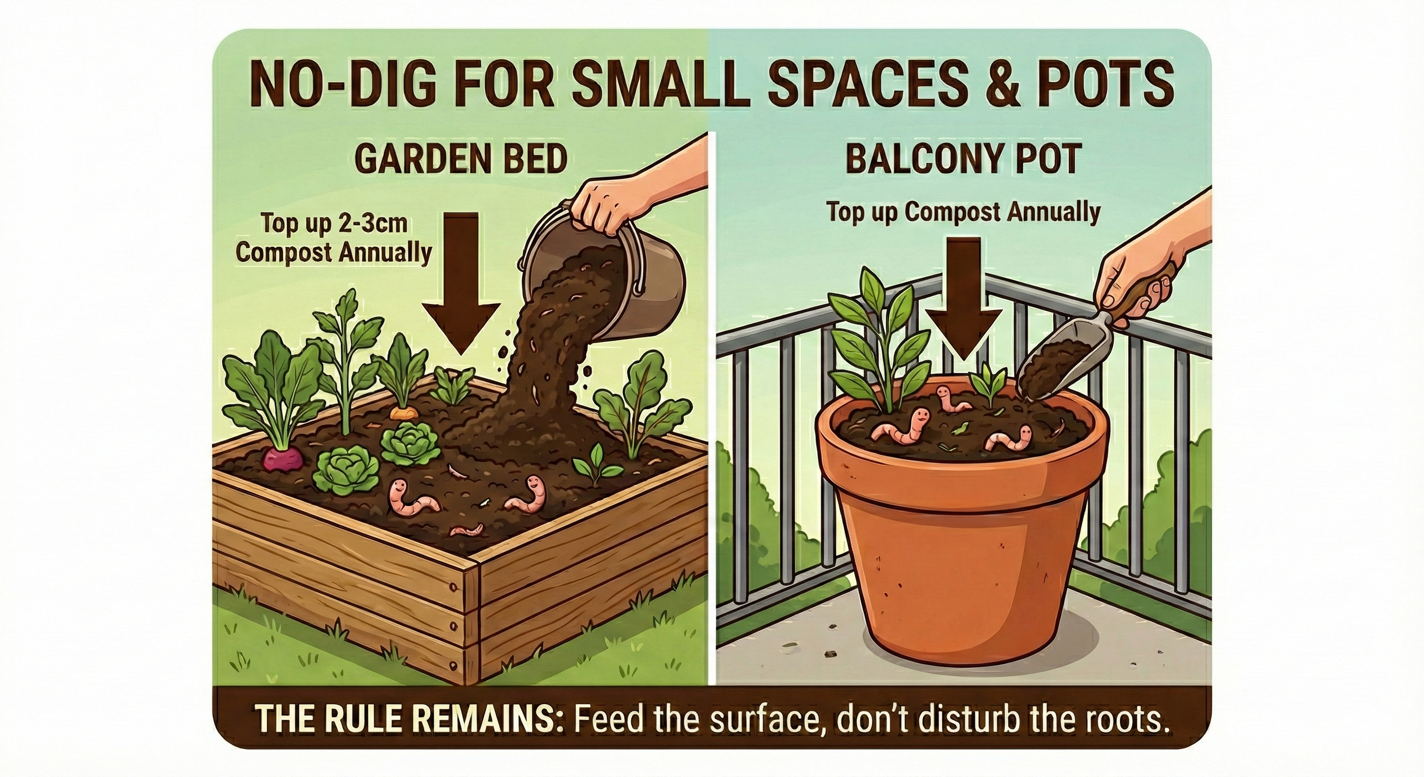 No-dig gardening tips for small spaces and pots.