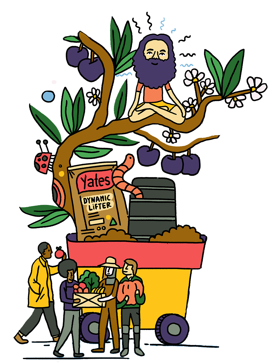 Gardening group beside compost and fruit tree