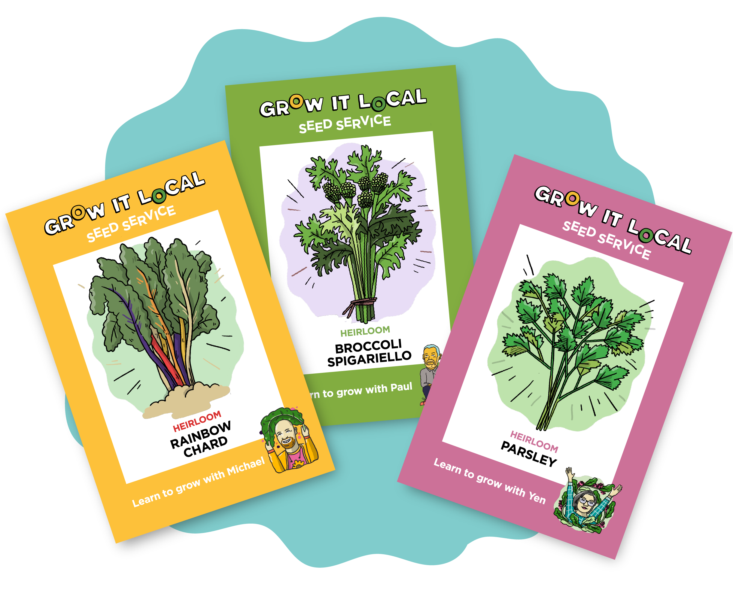 Three heirloom seed packets: chard, broccoli, parsley.