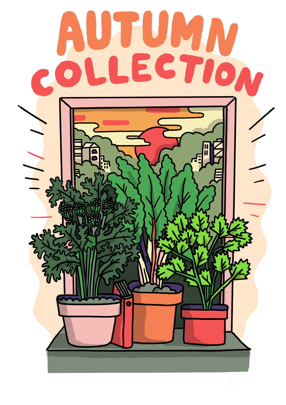 Autumn collection featuring potted plants and sunset sky.