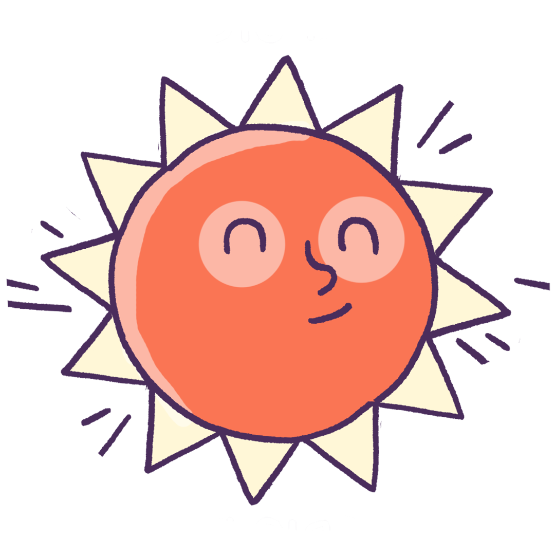 Illustrated smiling sun with face on purple background.