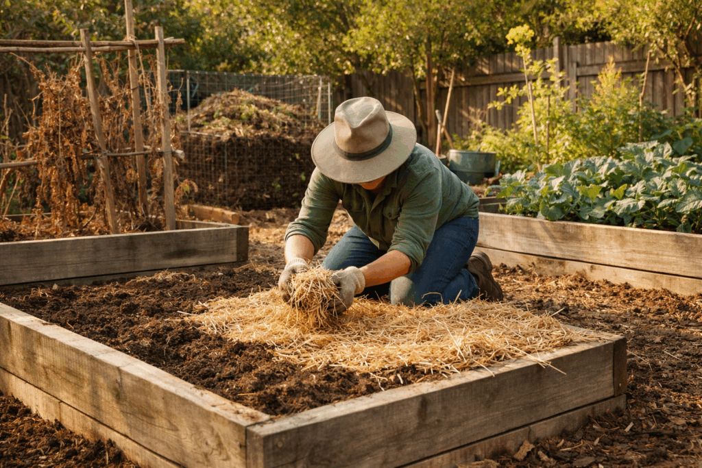 Person mulching garden bed with straw mulch.