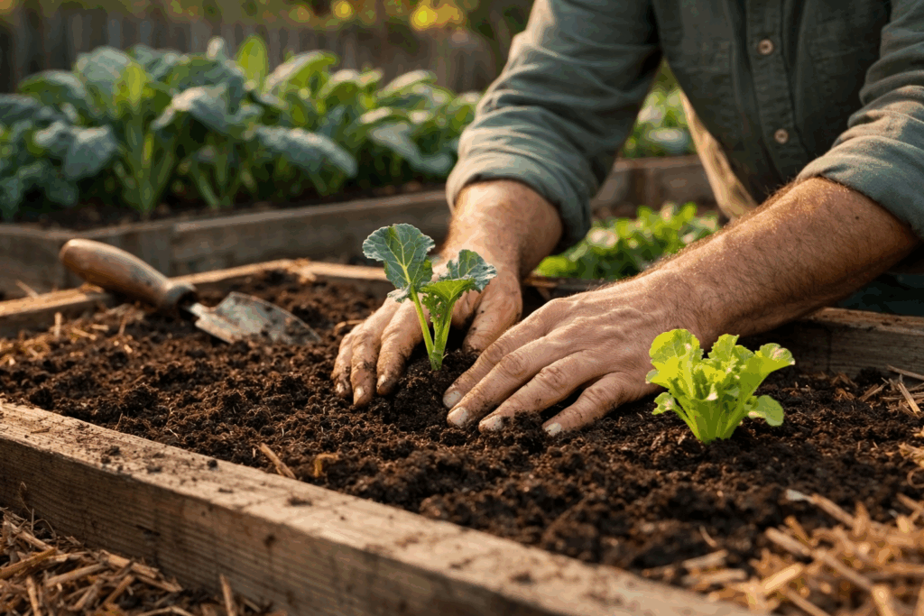 Gardener planting seedlings in a vegetable bed.