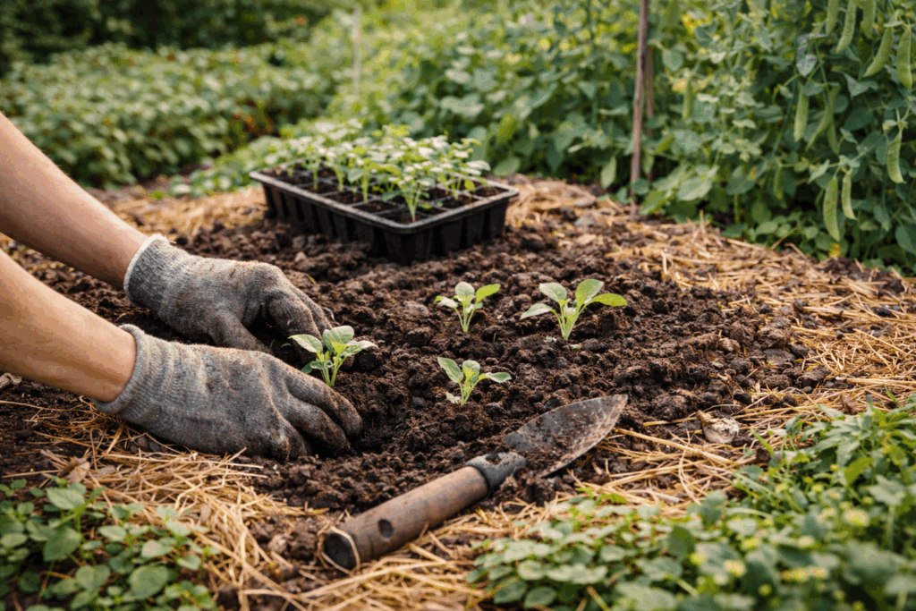 Person planting seedlings in garden bed with trowel.