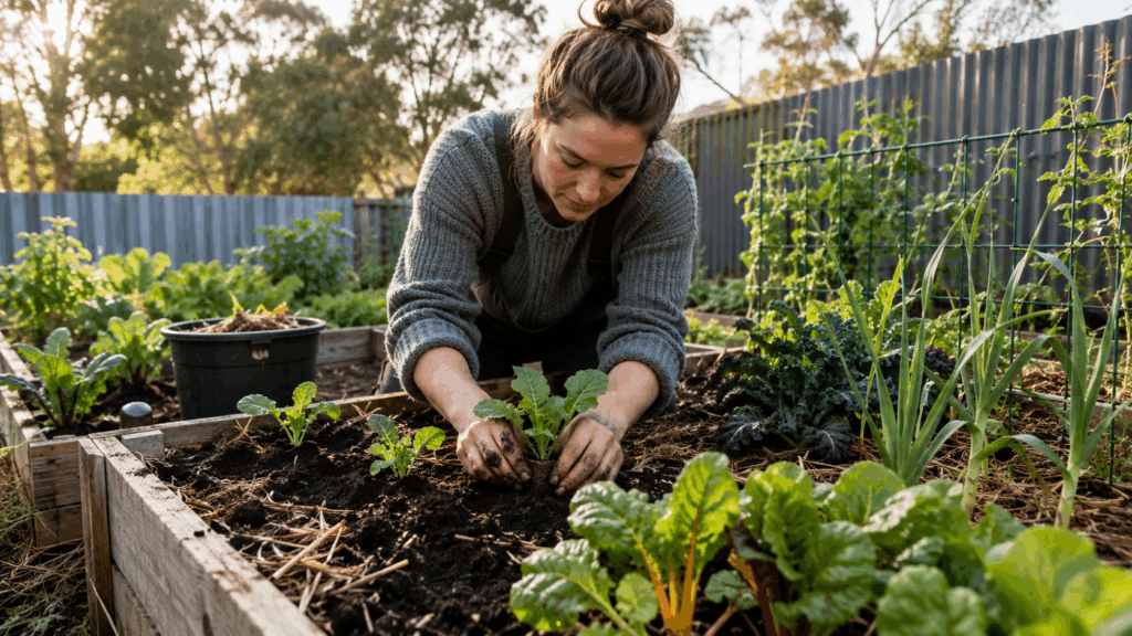 Person gardening in a raised garden bed