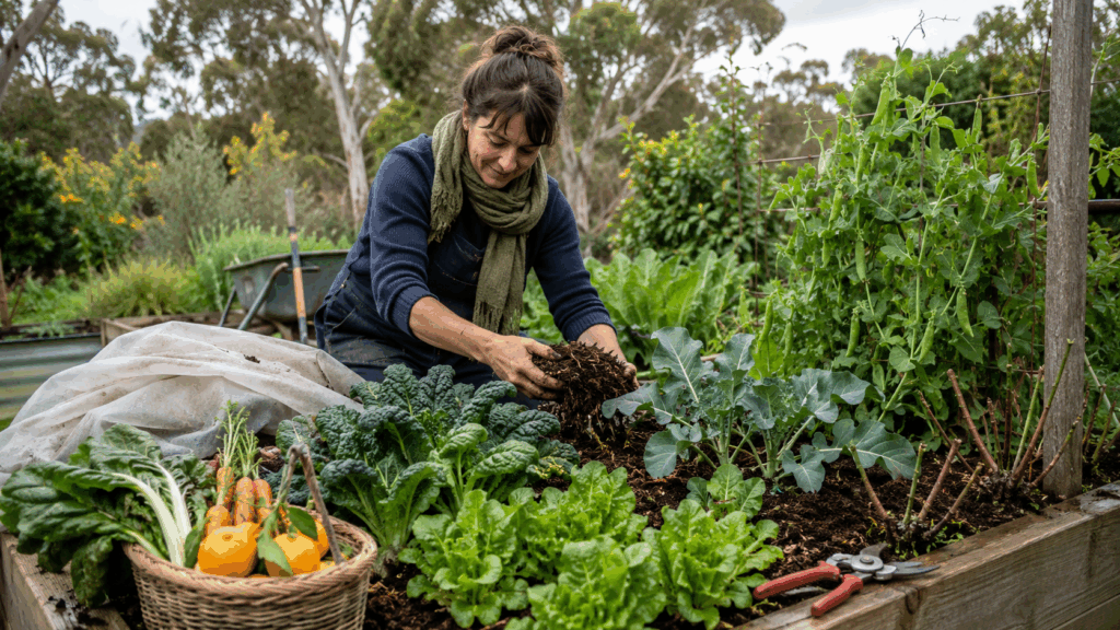 Woman gardening in lush vegetable patch