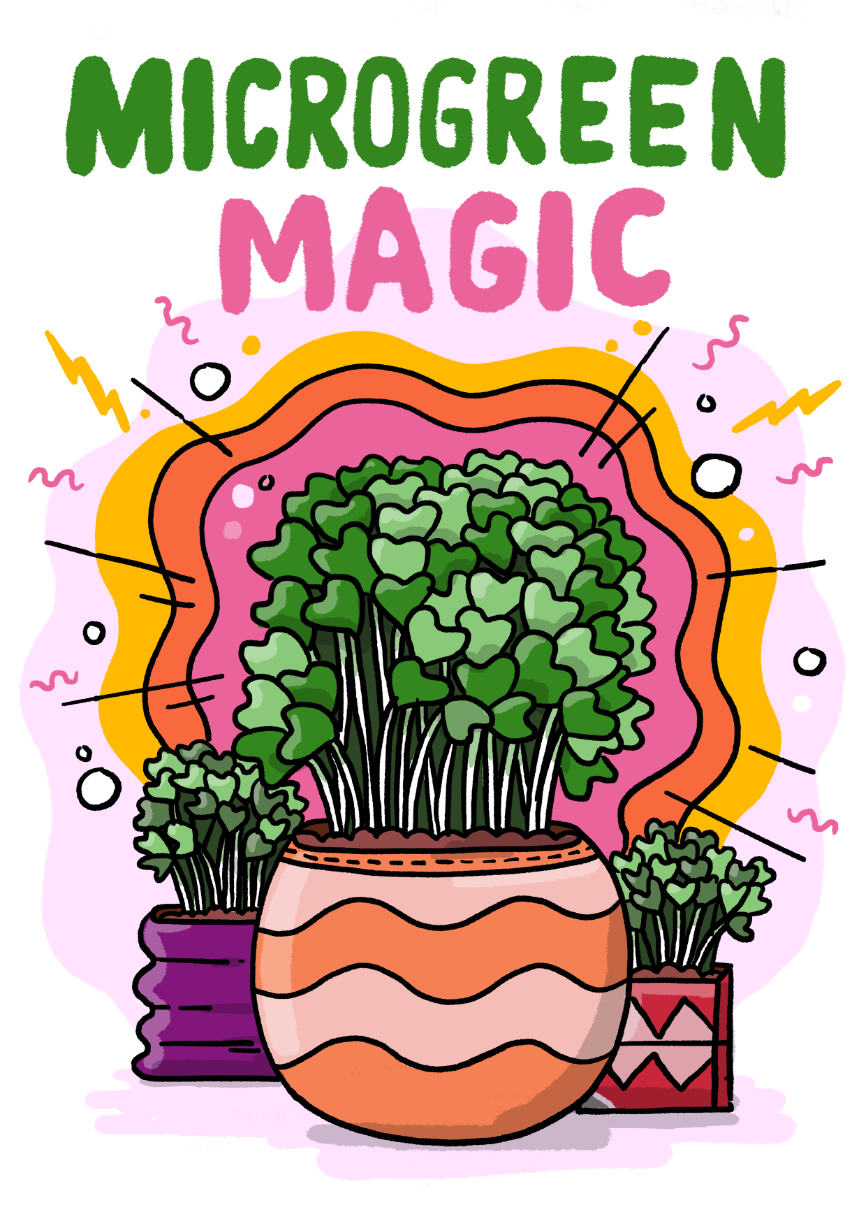 Colourful illustration of microgreens in pots