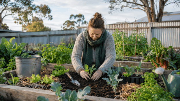 Person gardening in a raised vegetable bed