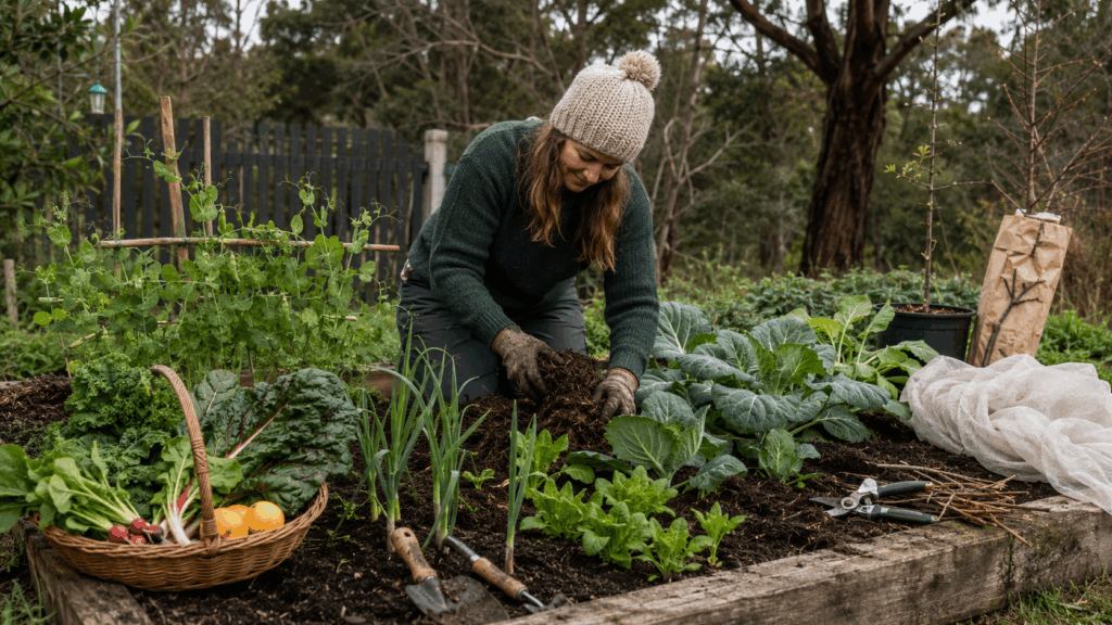 Woman gardening in a lush vegetable patch