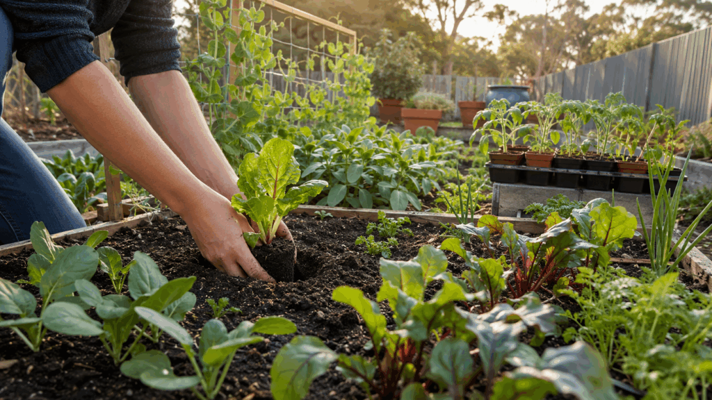 Person planting seedling in vegetable garden