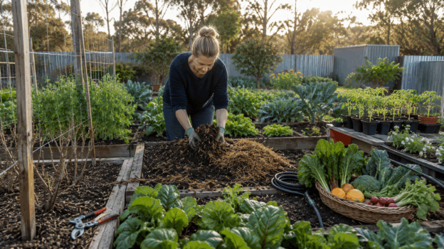 Gardener preparing soil in a vegetable patch